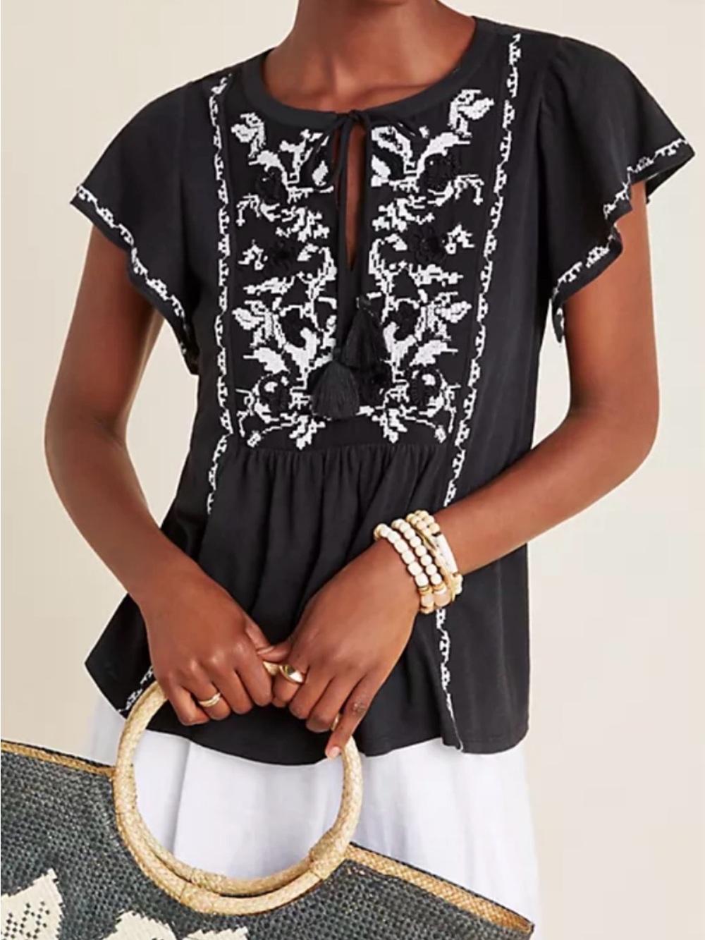 Anthropologie Black Embroidered Tie-Front Flutter Sleeve Blouse